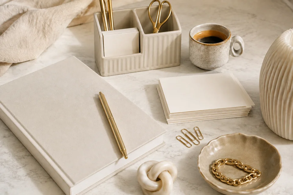 Ivory notebook, coffee, and gold stationery on a neutral desk