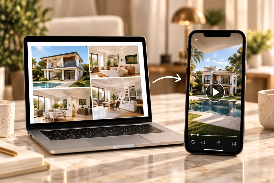 Listing photos on a laptop beside a property video preview on a phone