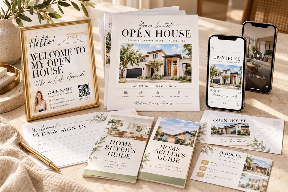 Open house marketing materials arranged with a welcome sign, flyers, guides, and phone previews
