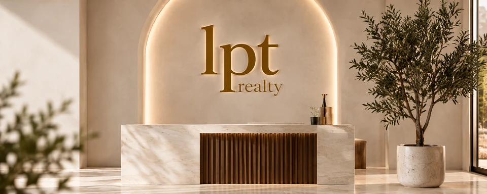 LPT Realty branding above a warm neutral reception desk