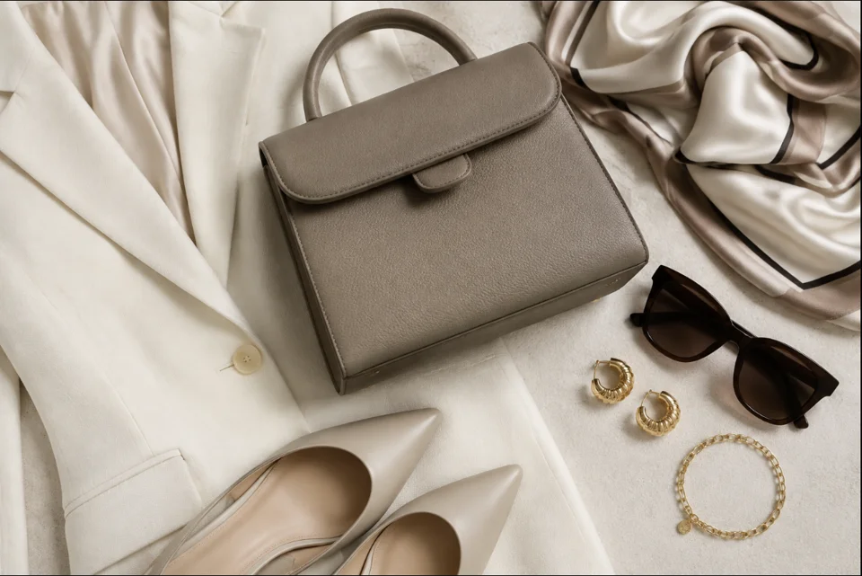 Taupe handbag, sunglasses, gold jewelry, and ivory clothing