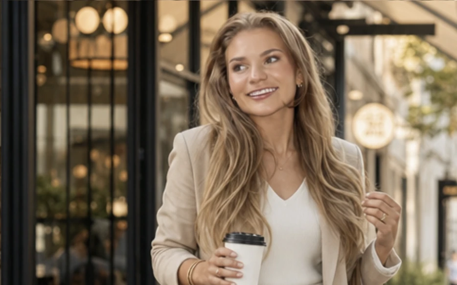 Jasmin Sophia smiling outside a café, holding a coffee