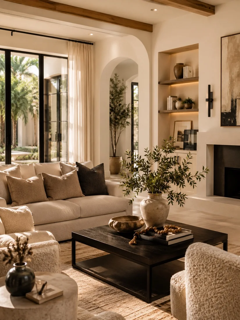 Warm, sunlit living room overlooking a garden